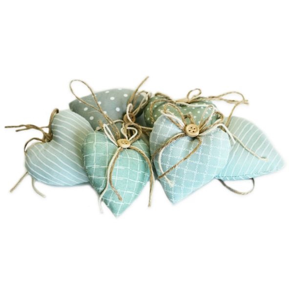 Srdce závěs textil 6ks 6,5cm mint